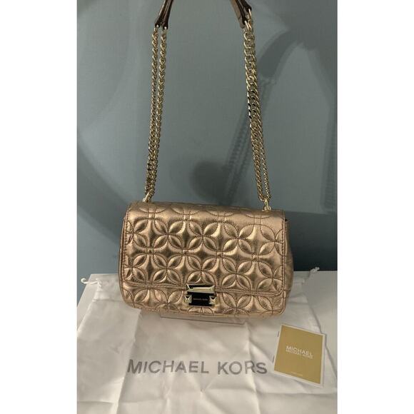New Michael Kors Sloan Gold Chain Quilted Leather Shoulder Bag Rose Gold Shiny - Picture 16 of 16